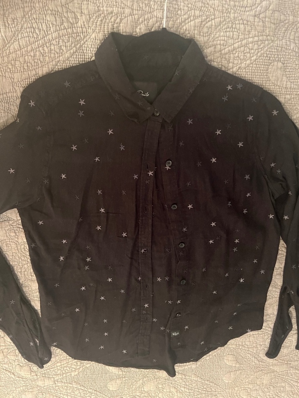 Rails Black Star Embroidered Long Sleeved Button Down Shirt M with Tie Cuffs